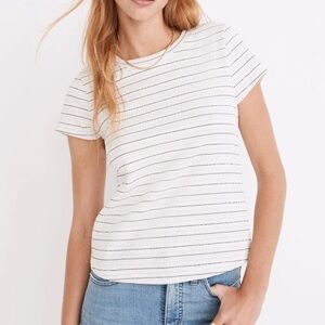 Madewell Women’s White Black Smocked Shrunken Shirttail Tee Size Large, NWT